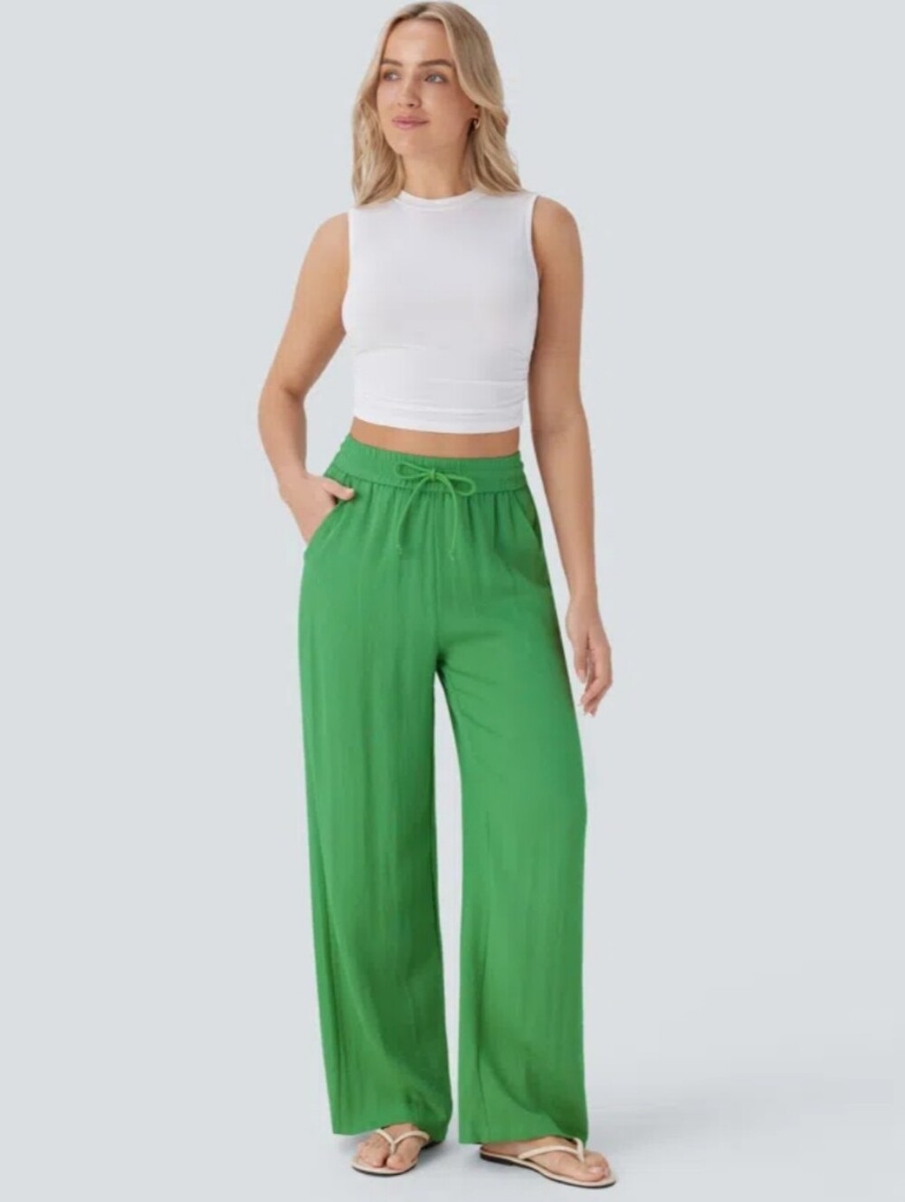 NEW! Halara Linen-Feel Wide-Leg Drawstring High Waisted Pants Size L